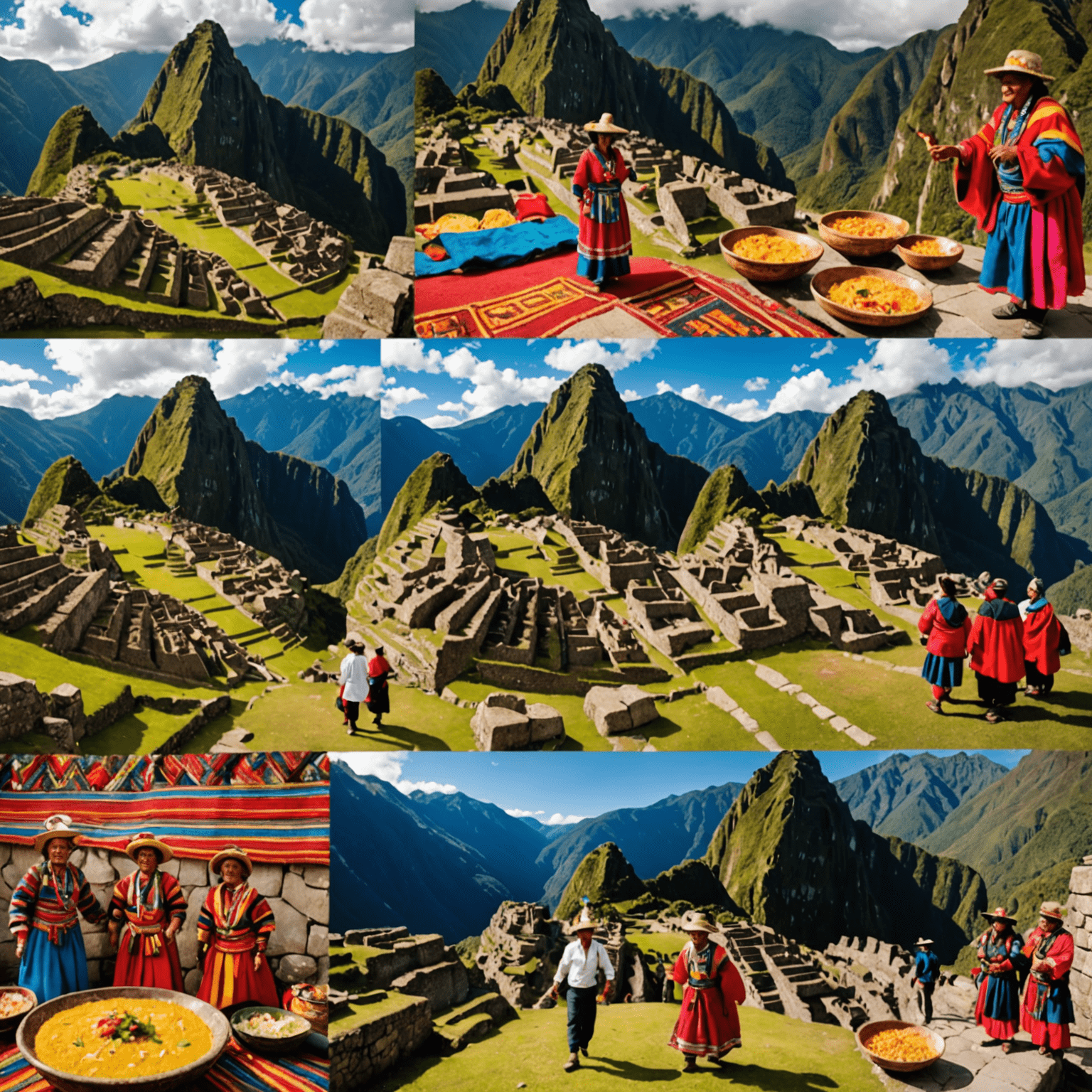 Collage de imágenes que representan la cultura peruana: Machu Picchu, textiles andinos coloridos, platos de comida peruana y danzantes tradicionales