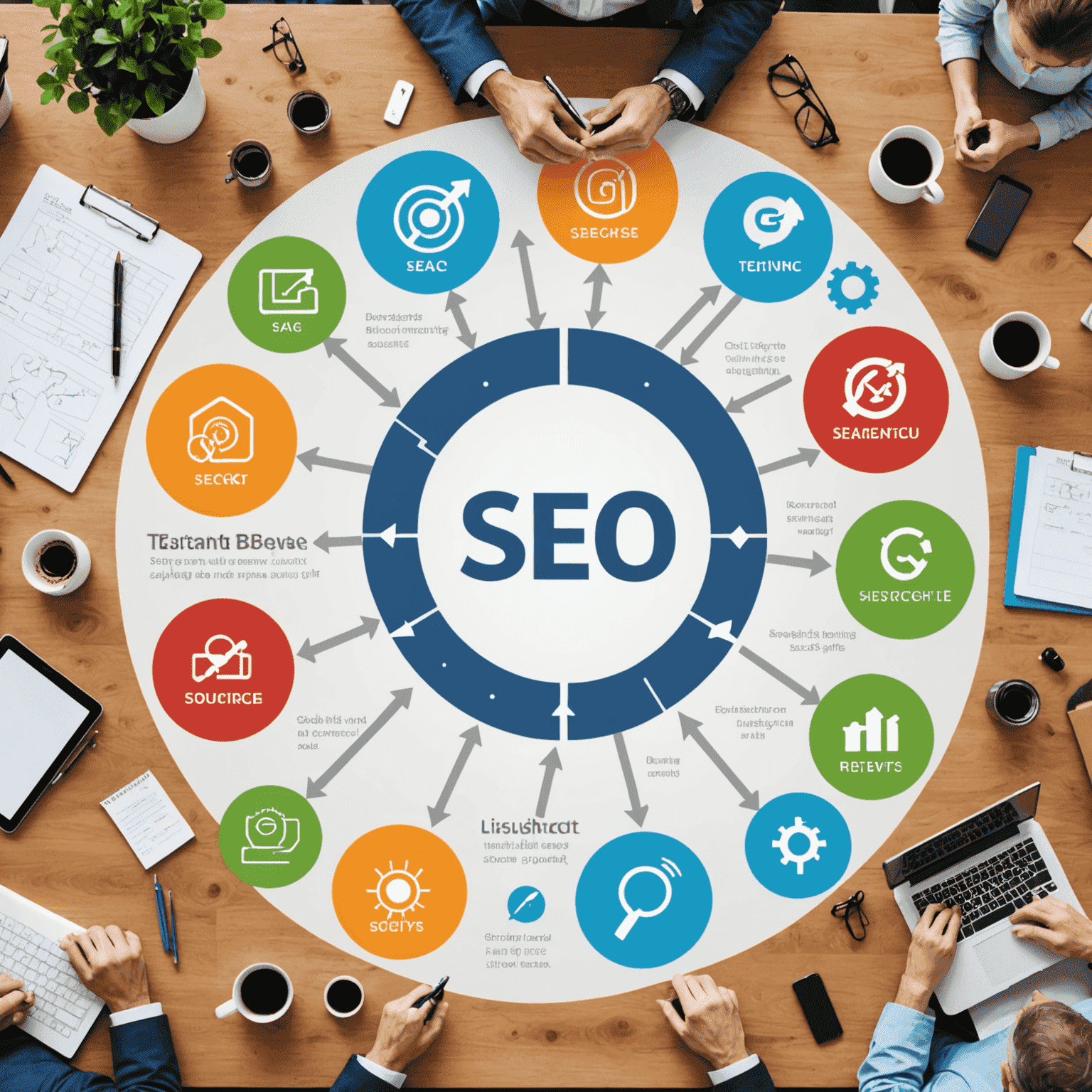 Imagen que ilustra conceptos básicos de SEO, como palabras clave, enlaces y rankings de búsqueda