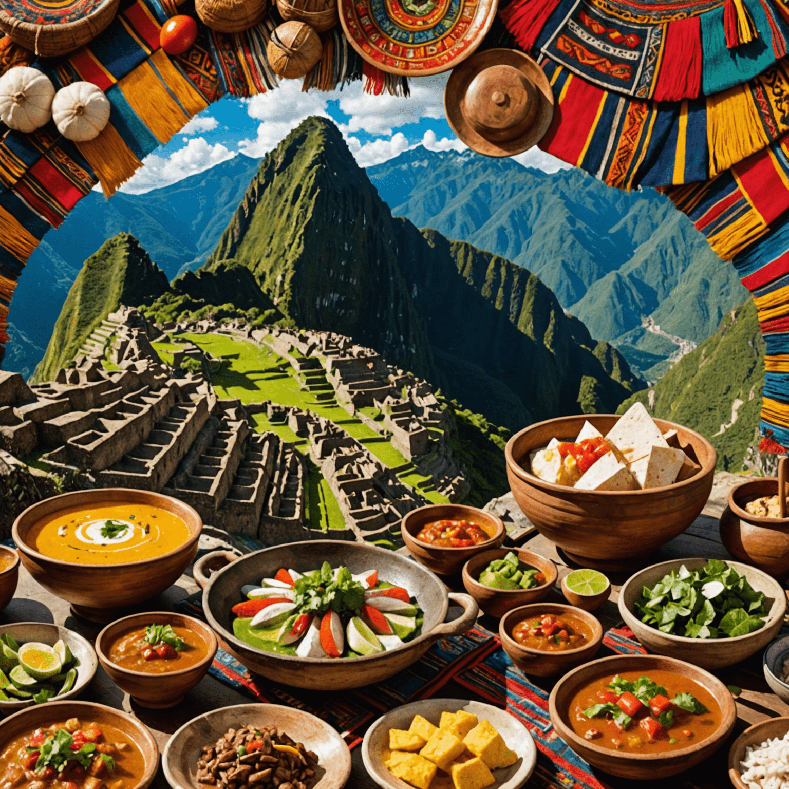 Imagen que muestra elementos icónicos de la cultura peruana como Machu Picchu, textiles tradicionales y platos típicos